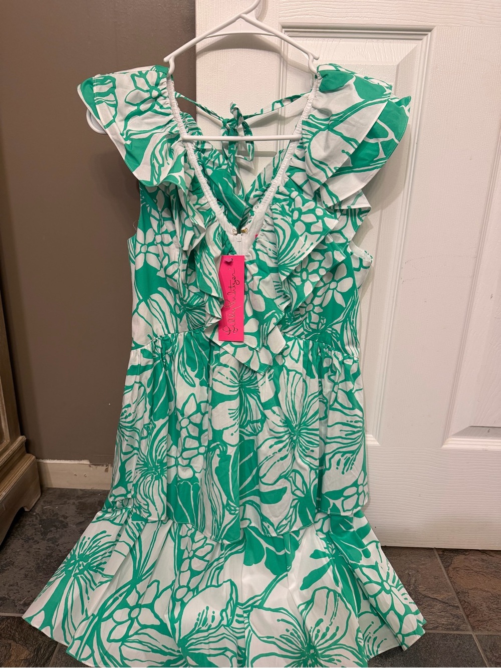 Lilly Pulitzer Green and White Floral Ruffle Dress
